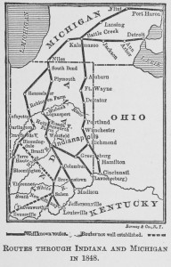 1848 map of UGRR routes showing the route of the Escape of the 28 from Cincinnati to Canada